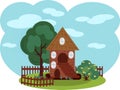 Home, cartoon, illustration, village, tree, landscape, green, summer, sky, grass, nature, farm, cottage, building, flower, vector,